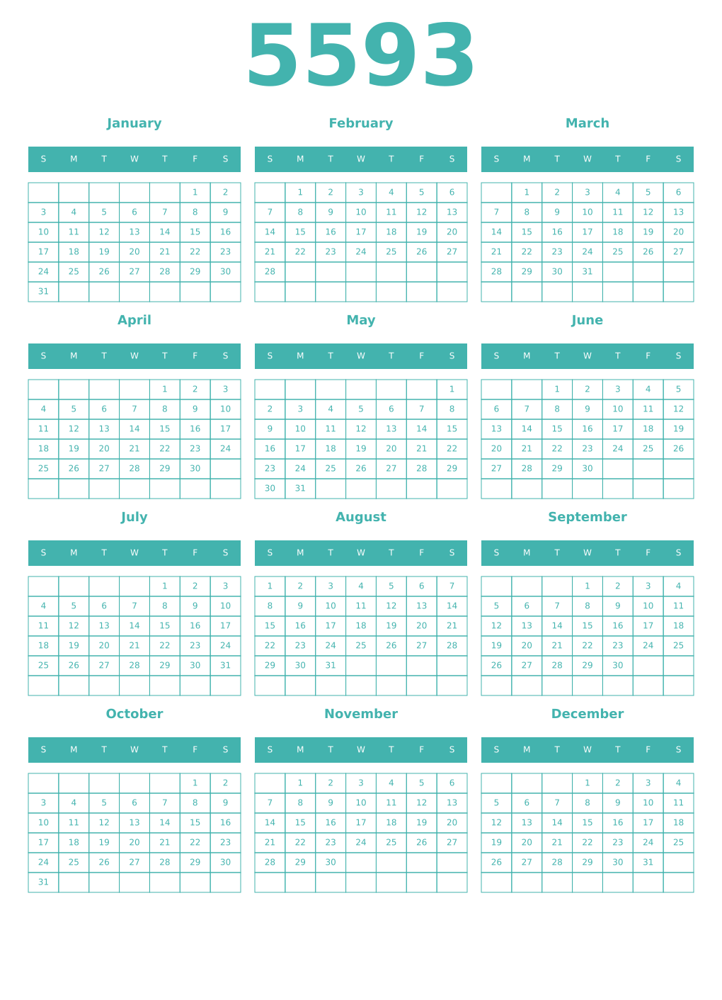 Printable 5593 Year Calendars verdigris