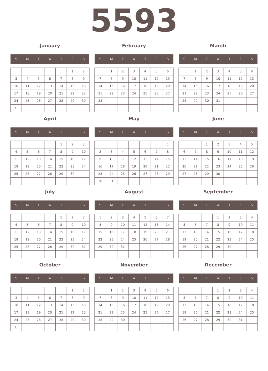 Printable 5593 Year Calendars wenge