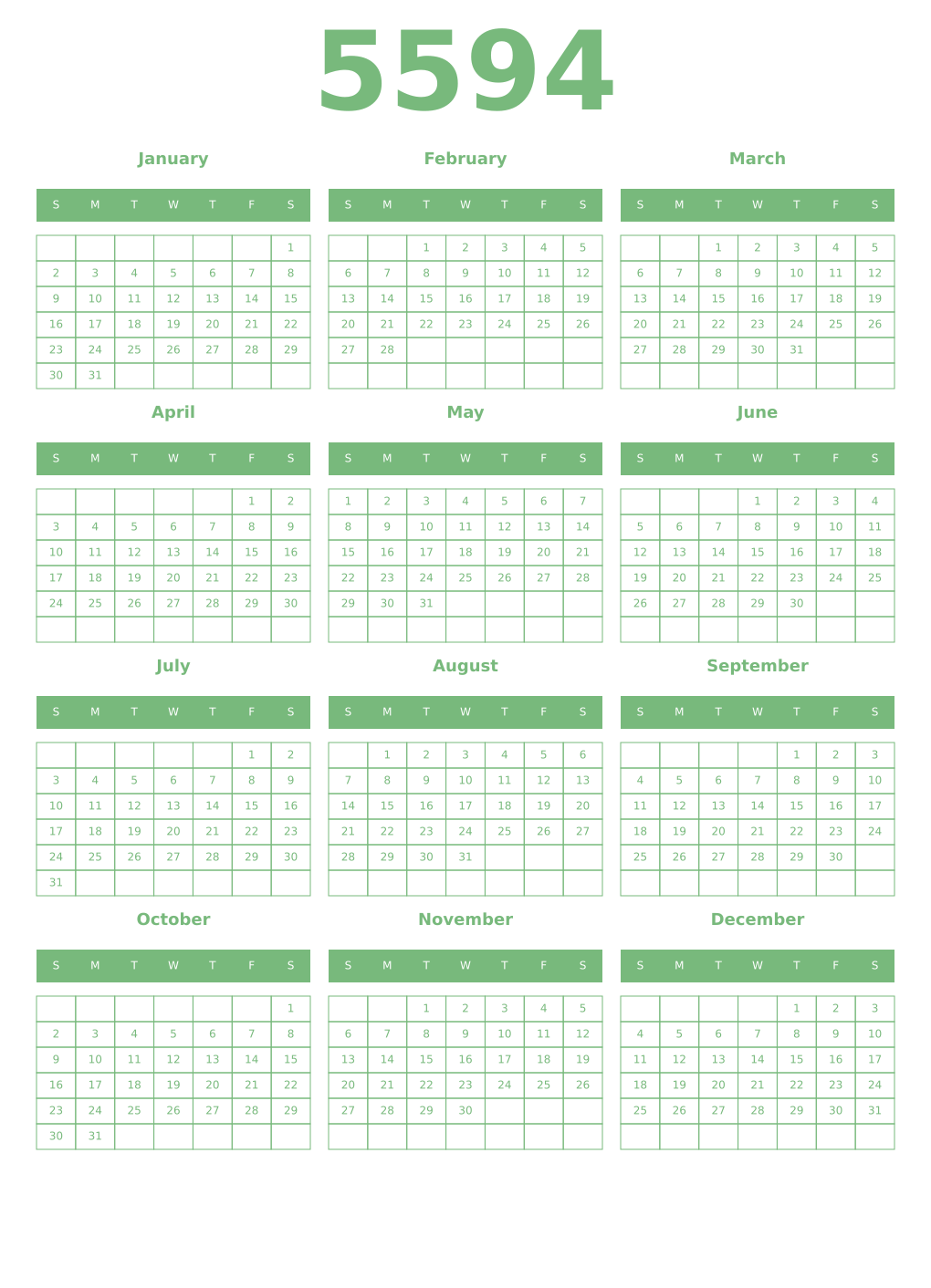 Printable 5594 Year Calendars celadon
