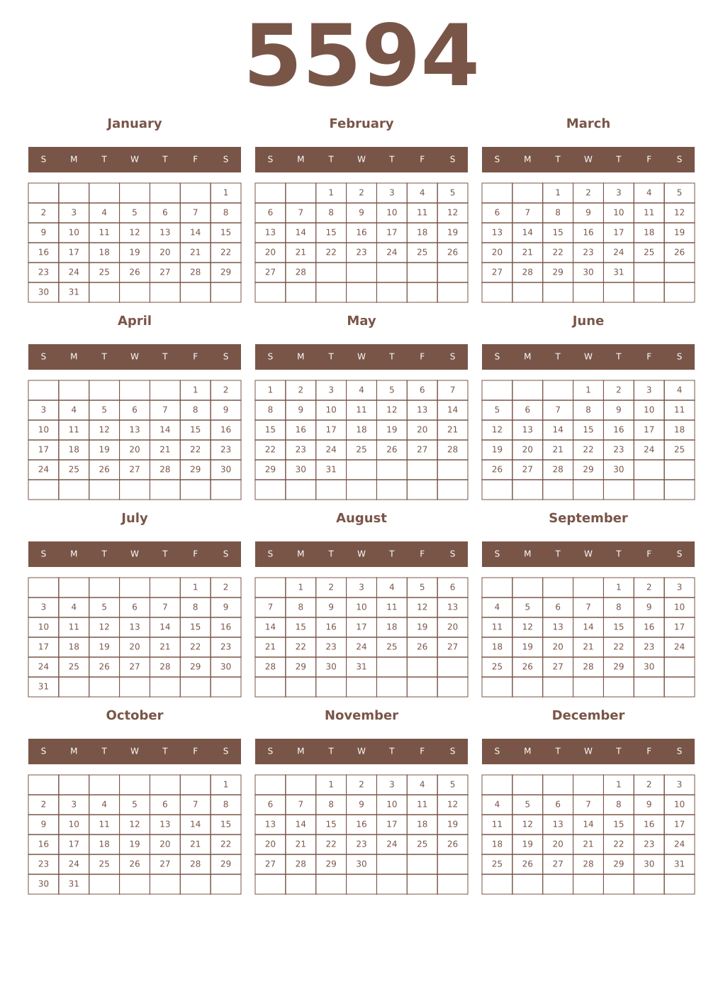 Printable 5594 Year Calendars coffe