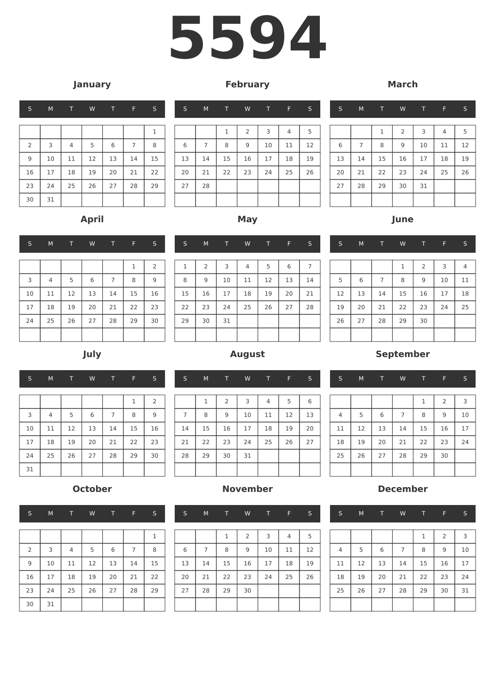 Printable 5594 Year Calendars dark