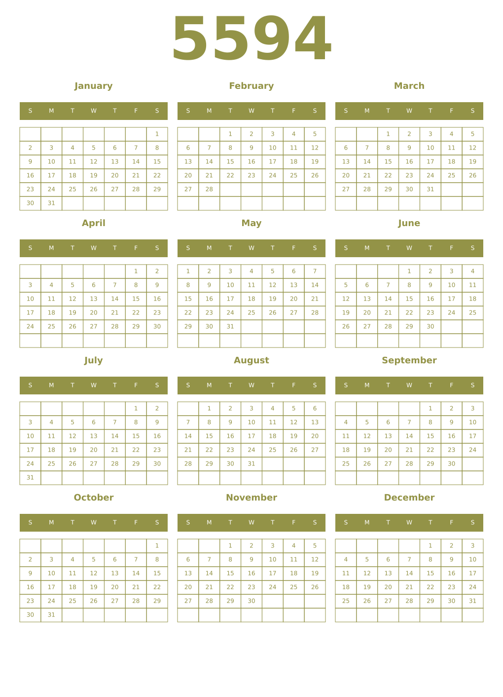 Printable 5594 Year Calendars eburnean