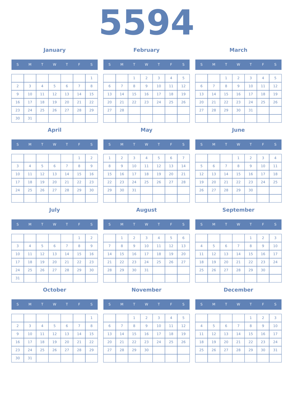 Printable 5594 Year Calendars glaucous