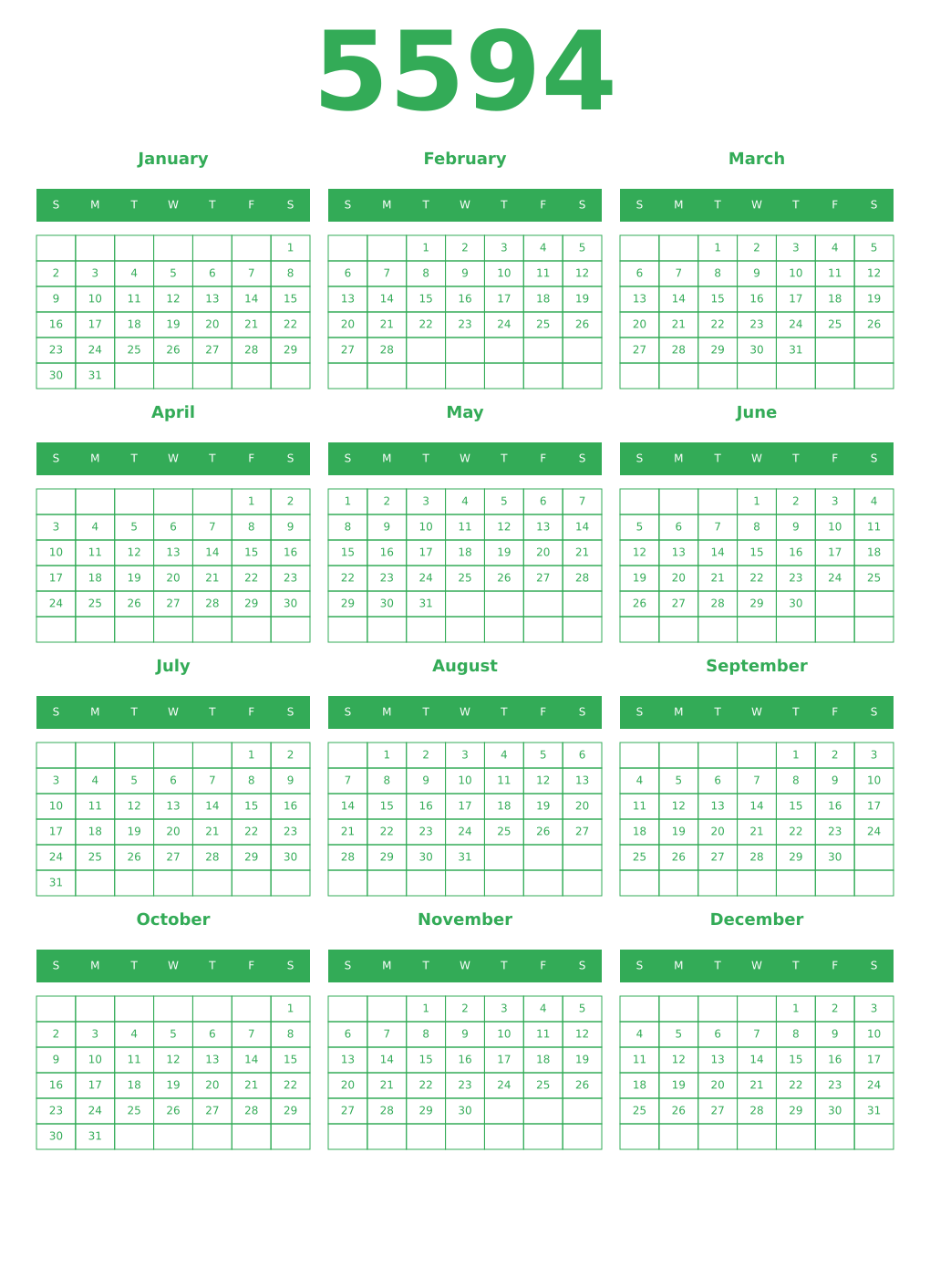Printable 5594 Year Calendars green