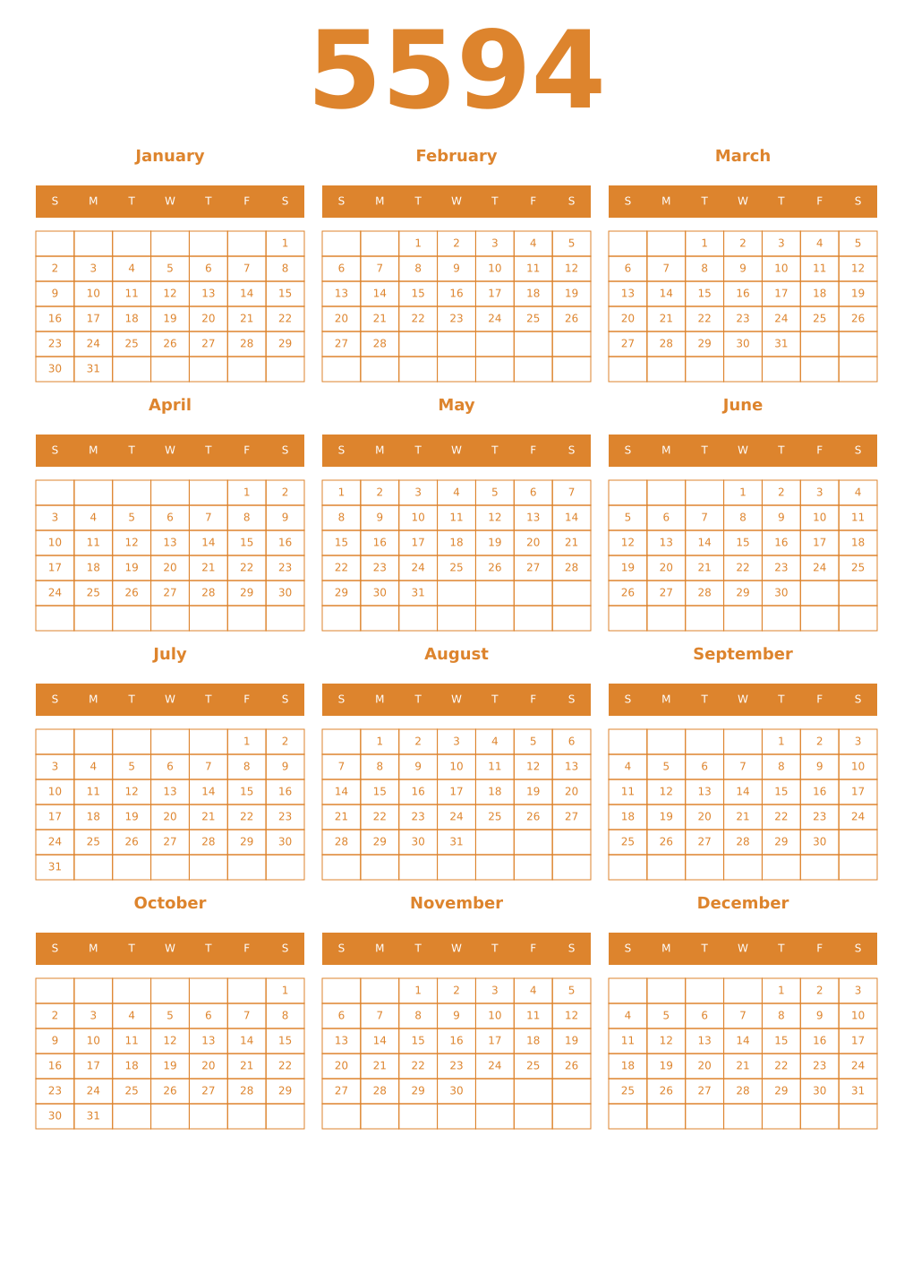 Printable 5594 Year Calendars orange