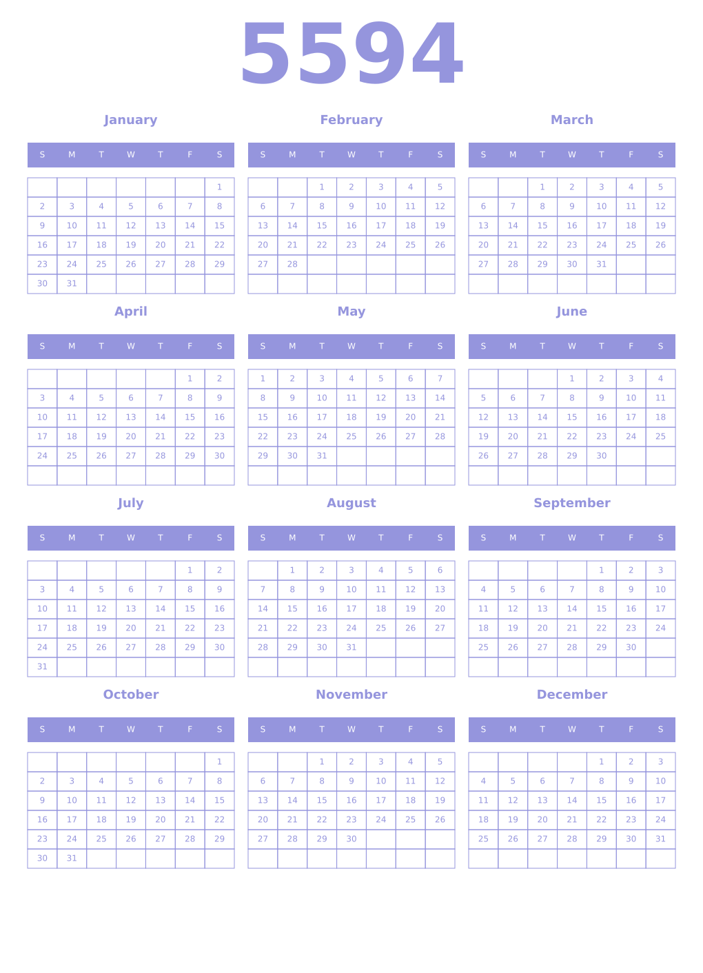 Printable 5594 Year Calendars periwinkle