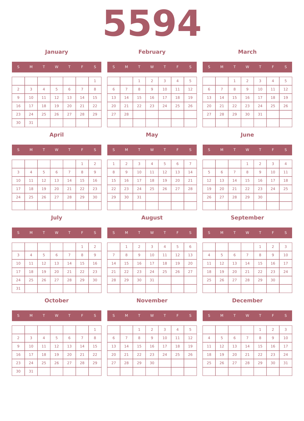 Printable 5594 Year Calendars puce