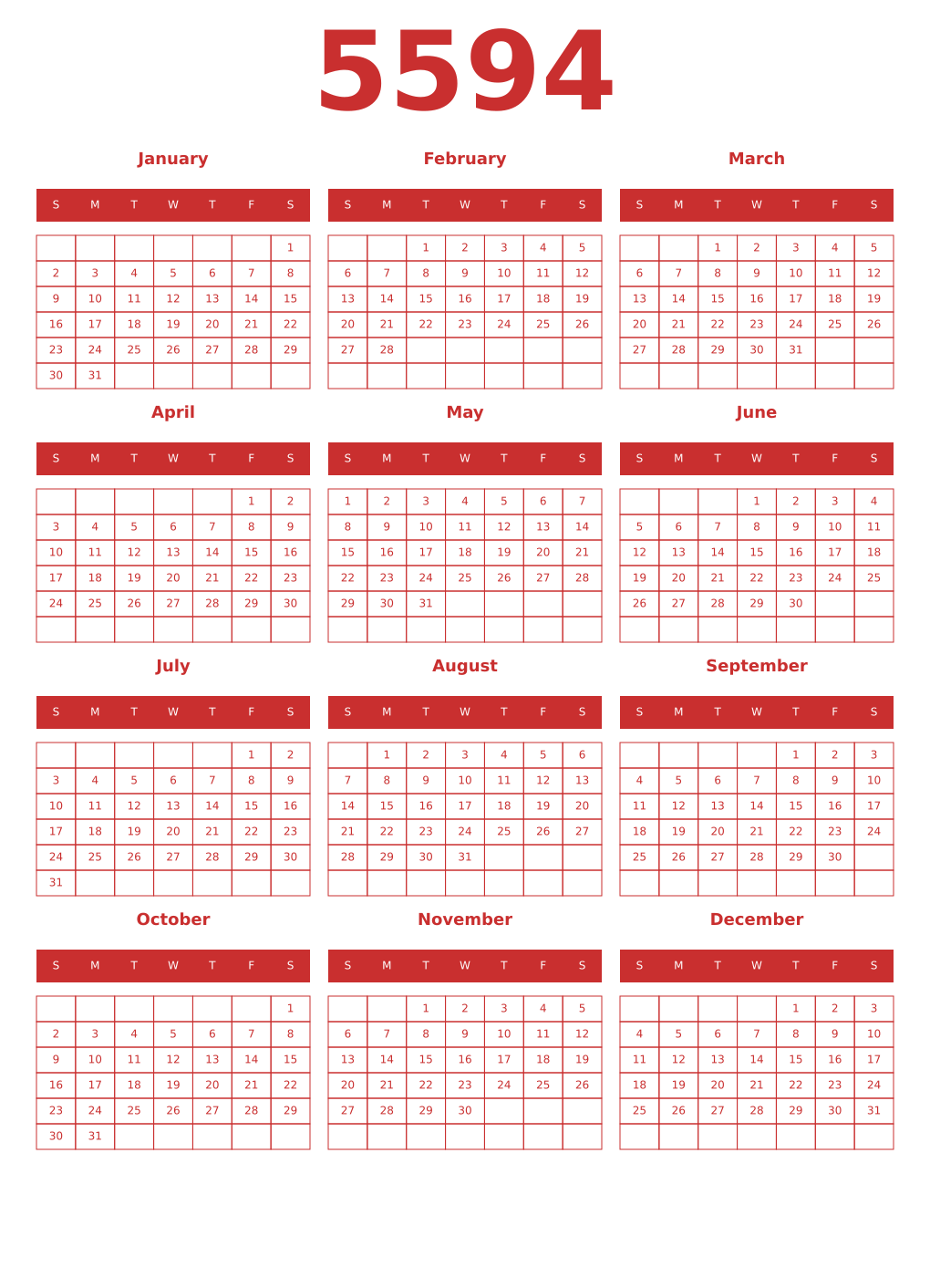 Printable 5594 Year Calendars red