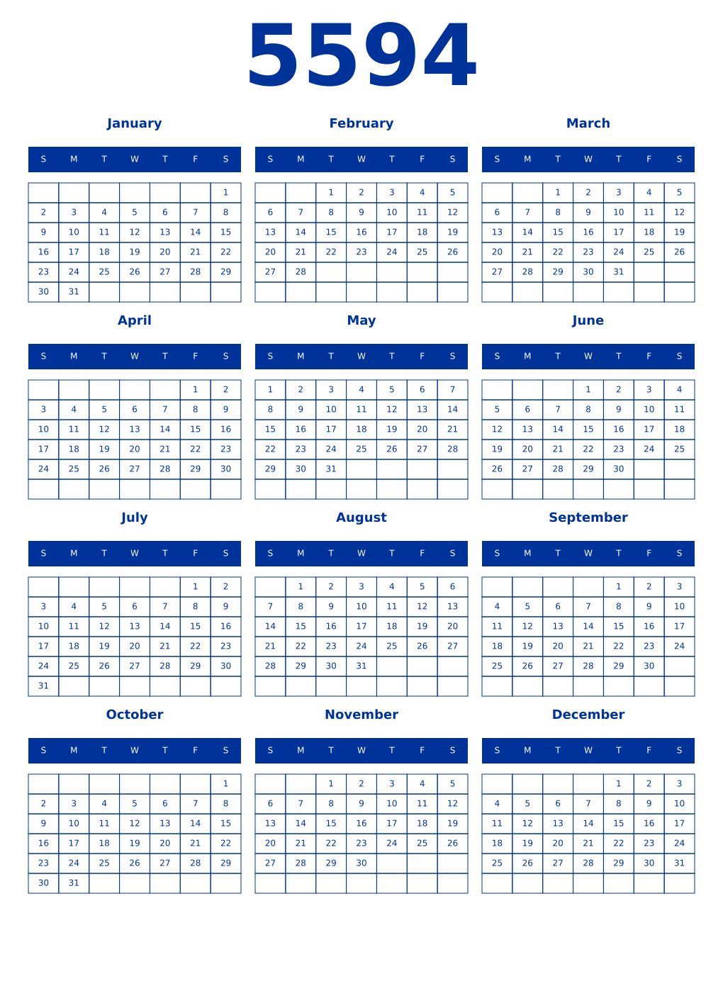 Printable 5594 Year Calendars smalt