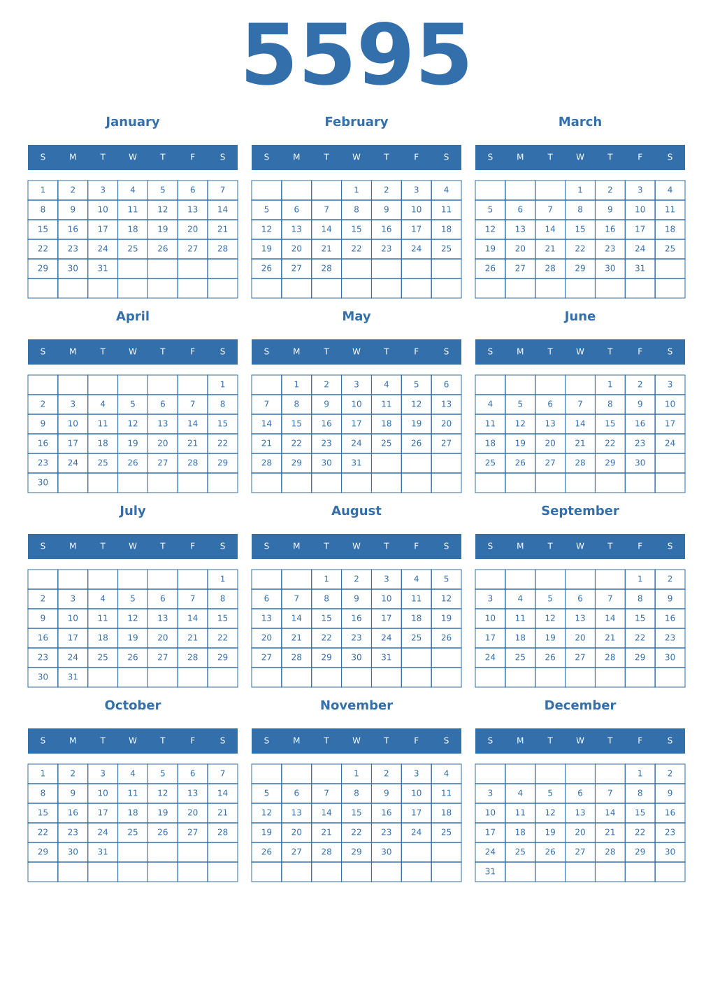 Printable 5595 Year Calendars blue
