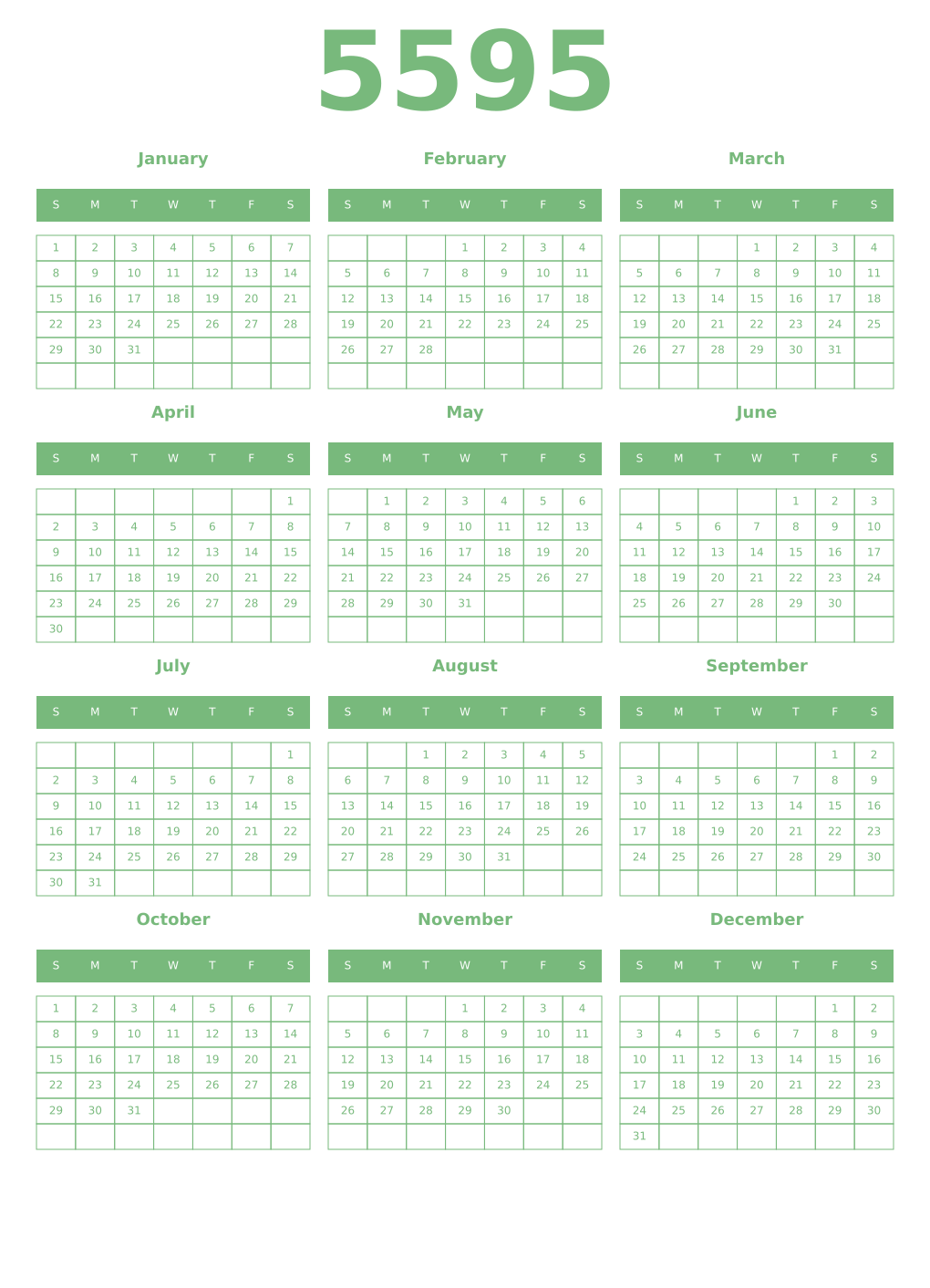 Printable 5595 Year Calendars celadon