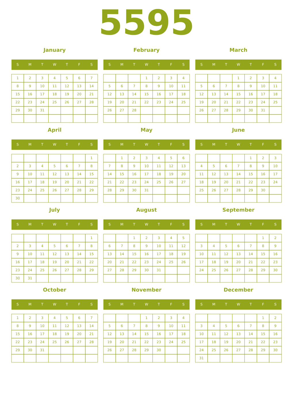 Printable 5595 Year Calendars chartreuse