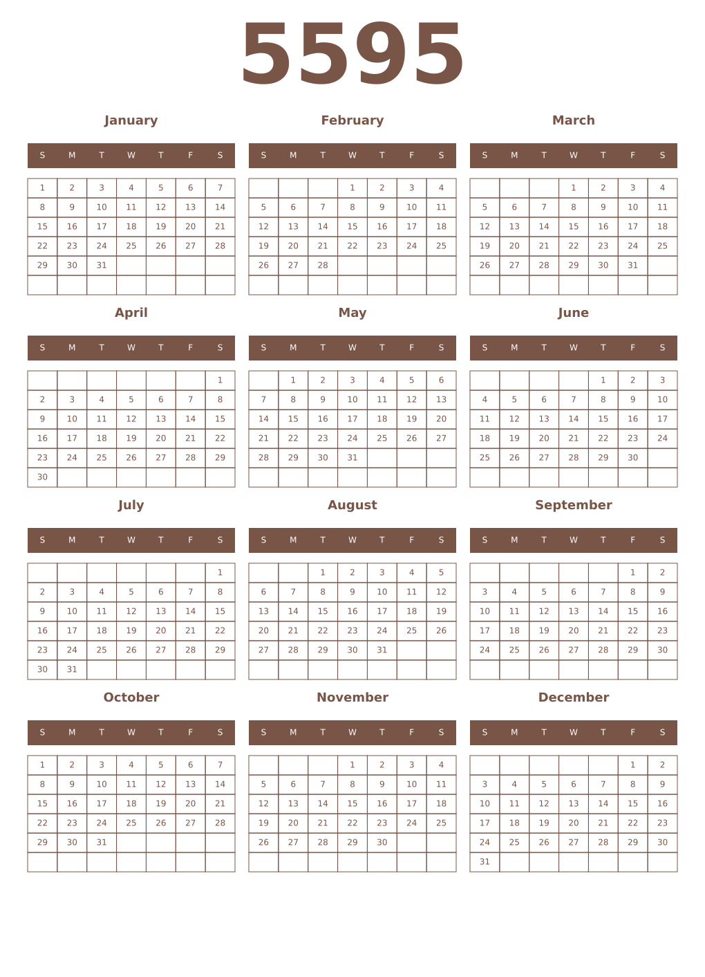 Printable 5595 Year Calendars coffe