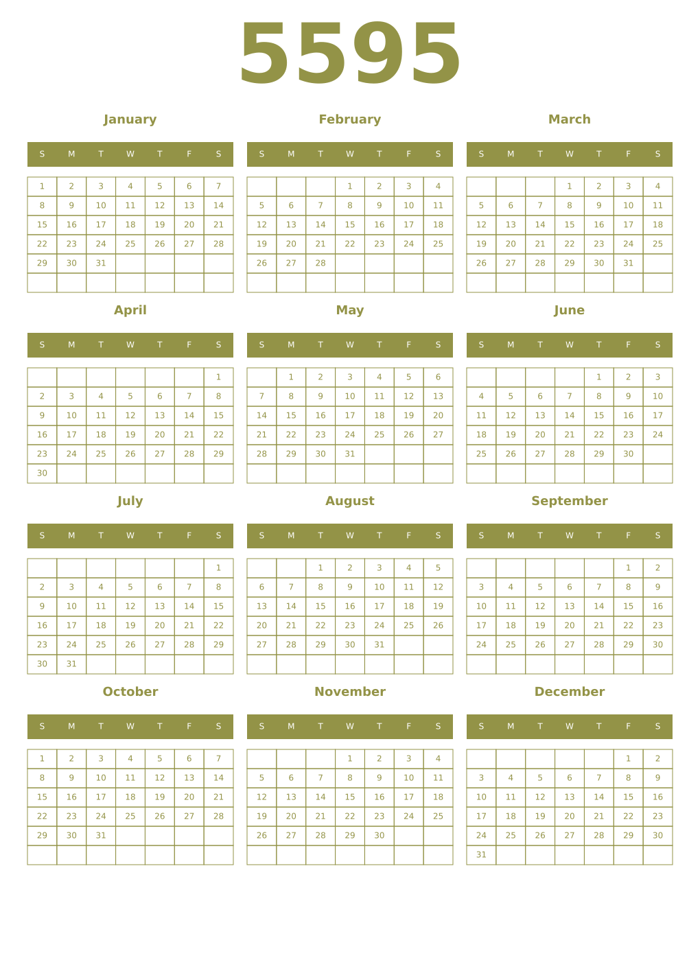 Printable 5595 Year Calendars eburnean