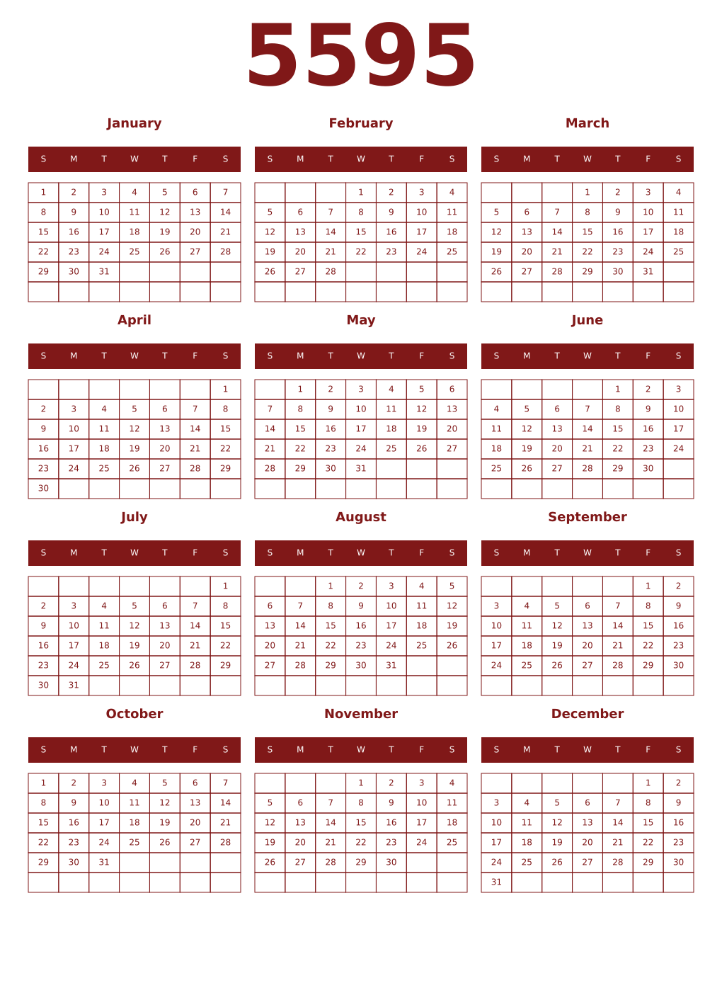 Printable 5595 Year Calendars falu