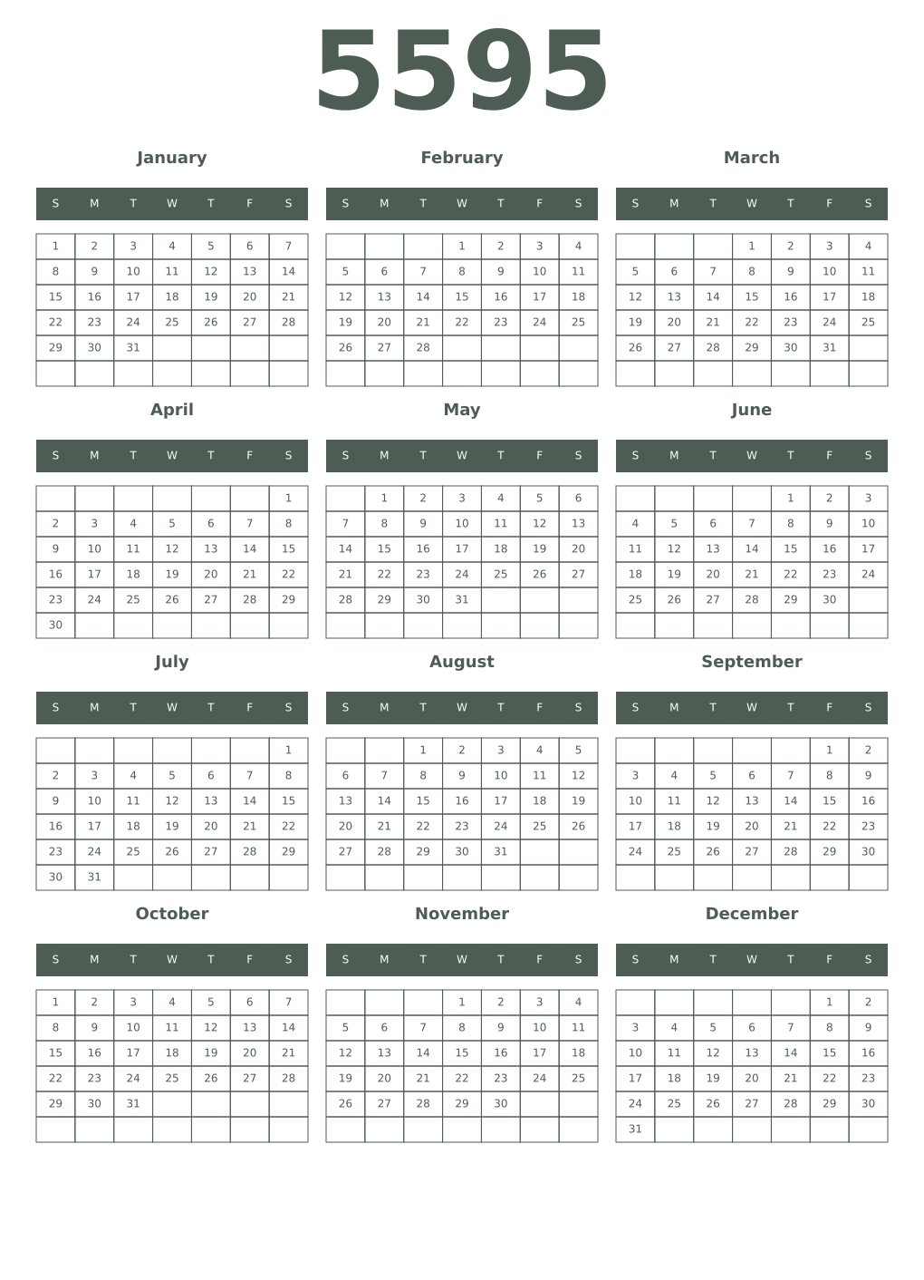 Printable 5595 Year Calendars feldgrau