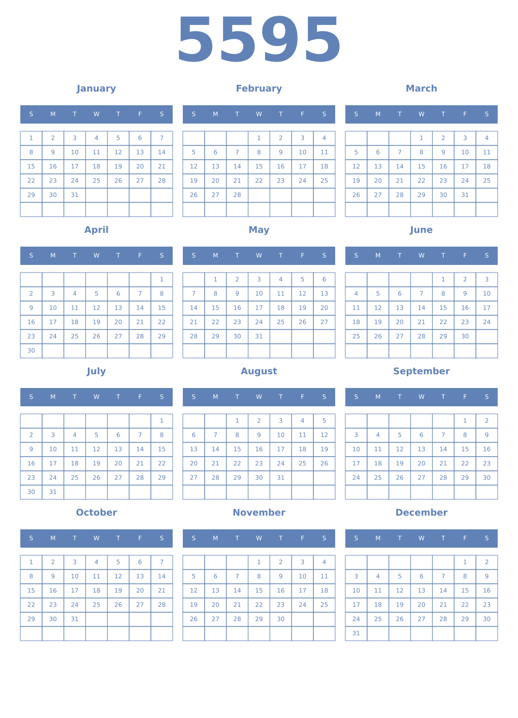 Printable 5595 Year Calendars glaucous