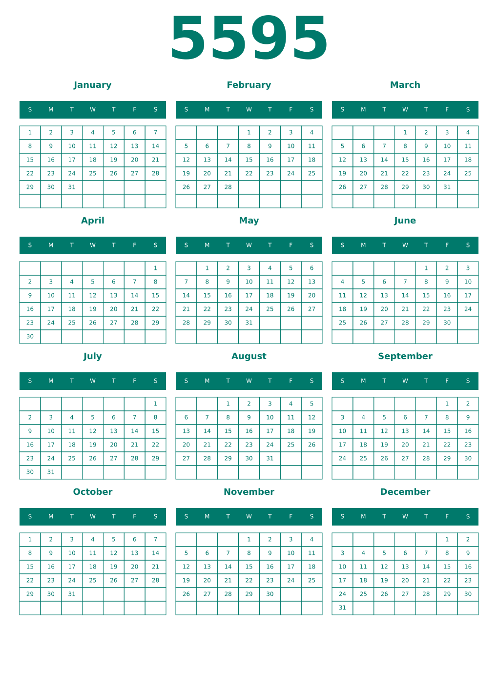 Printable 5595 Year Calendars pastel