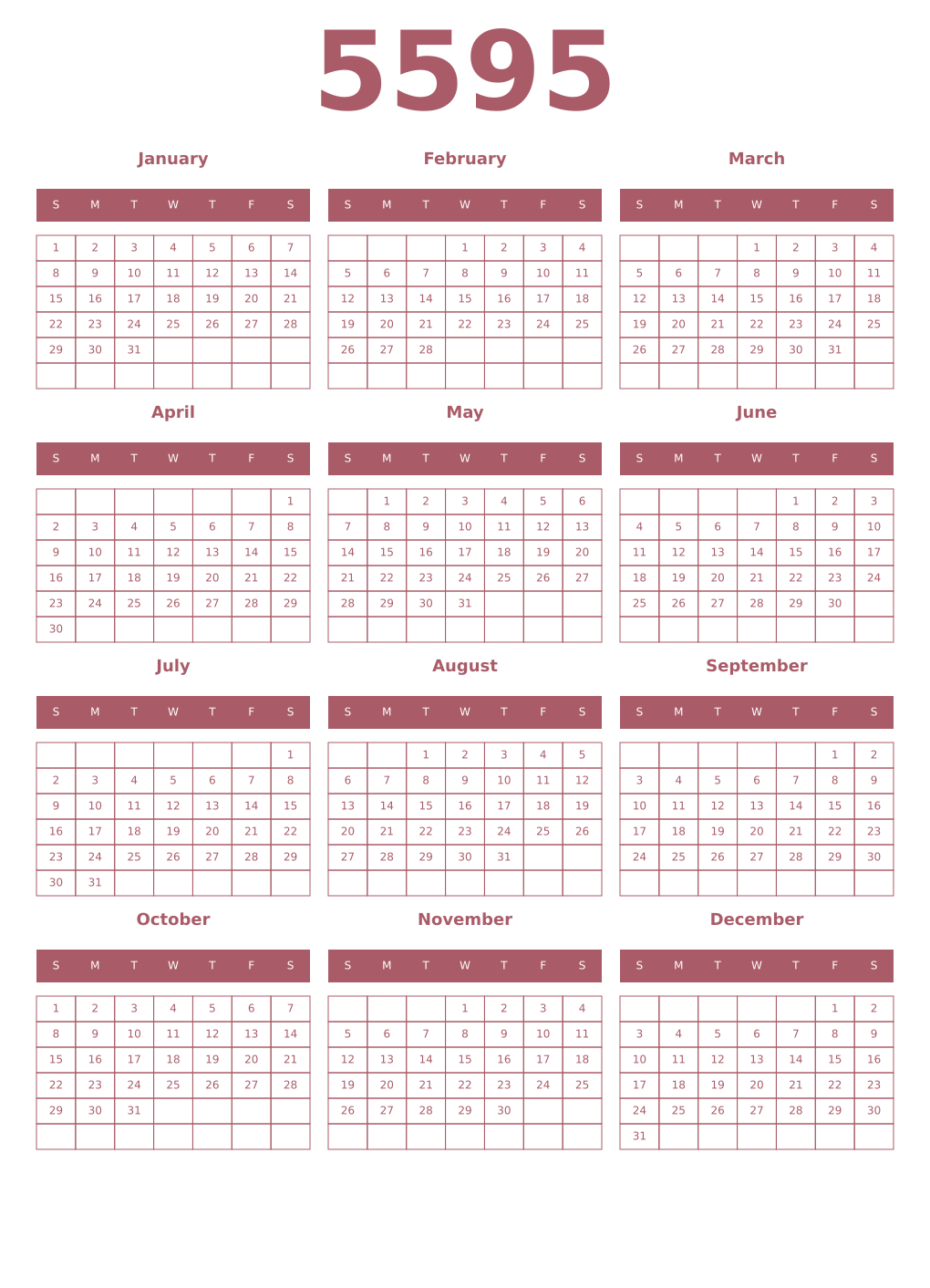 Printable 5595 Year Calendars puce