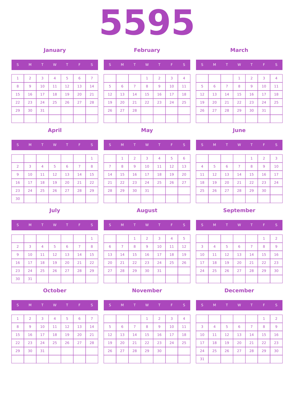 Printable 5595 Year Calendars purple