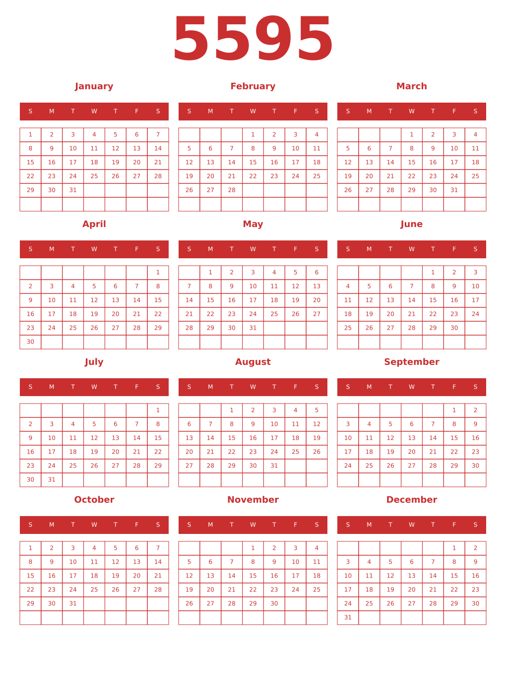 Printable 5595 Year Calendars red