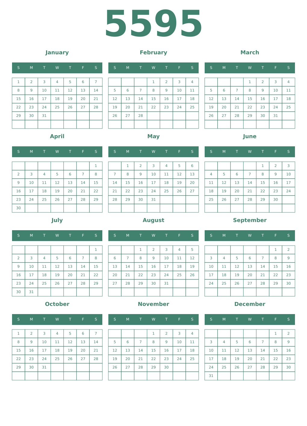 Printable 5595 Year Calendars viridian