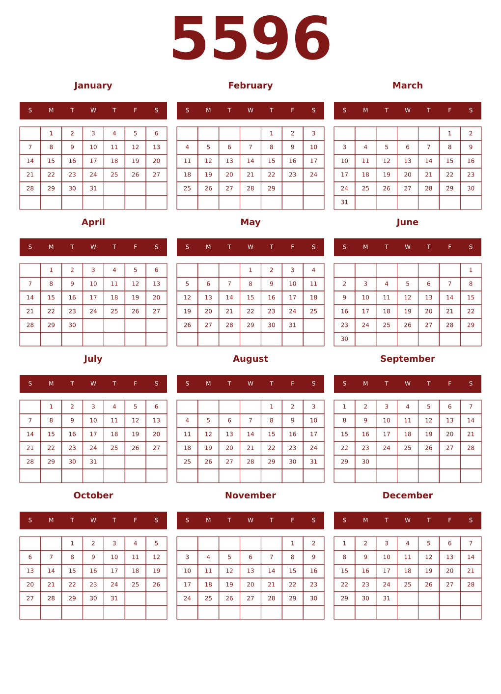Printable 5596 Year Calendars falu