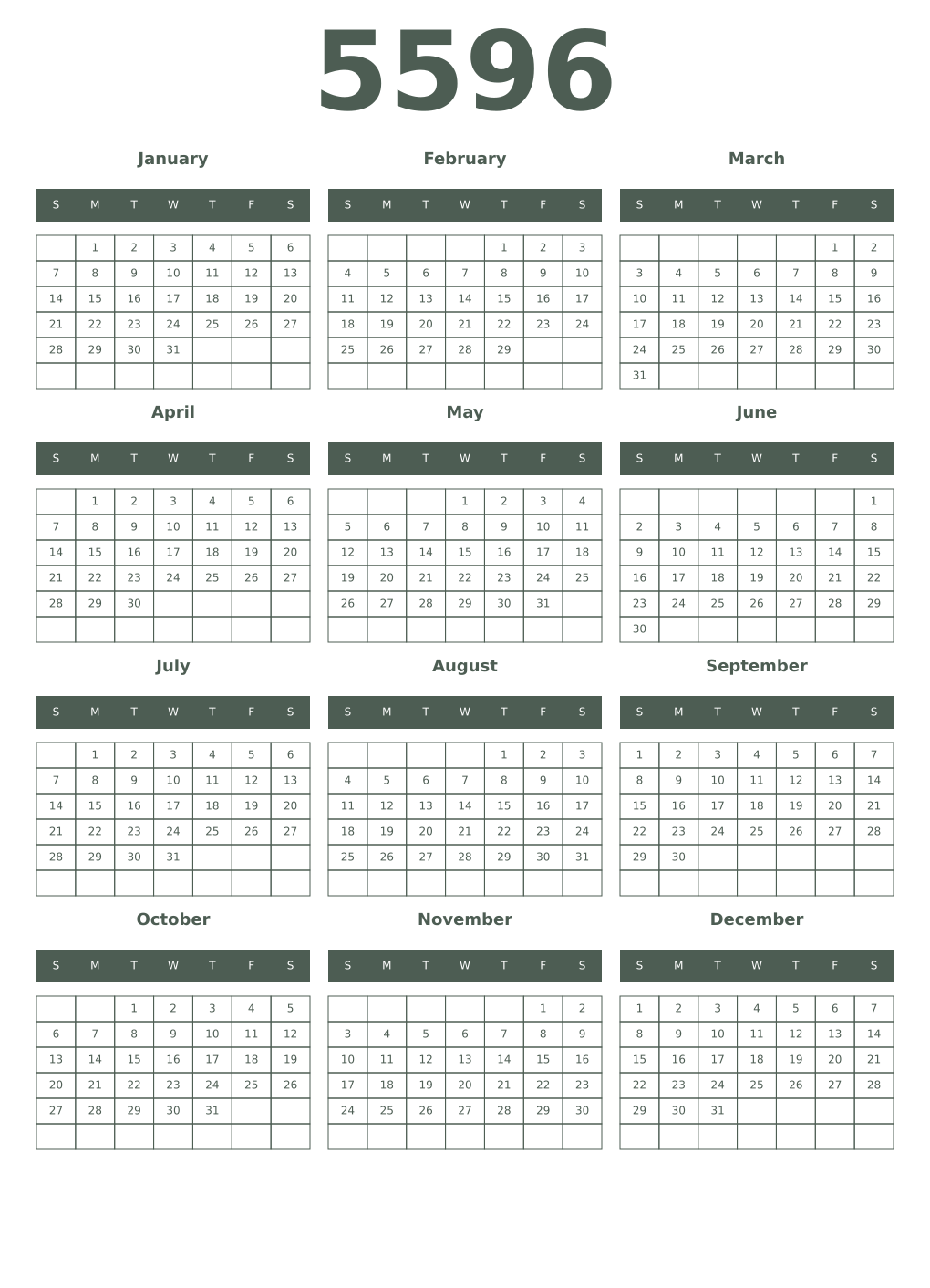 Printable 5596 Year Calendars feldgrau