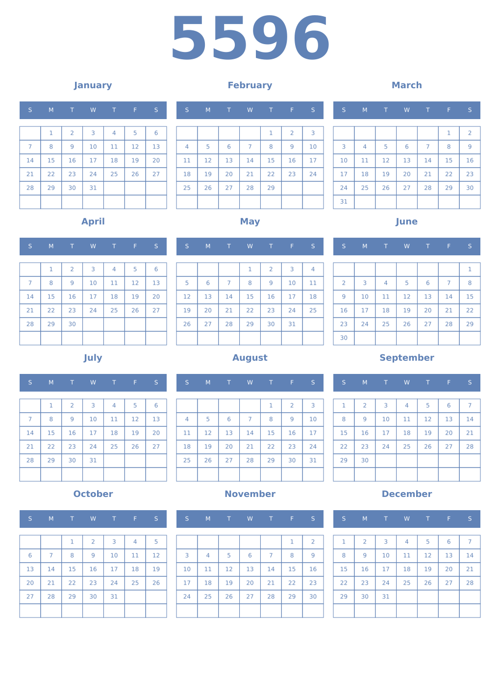 Printable 5596 Year Calendars glaucous