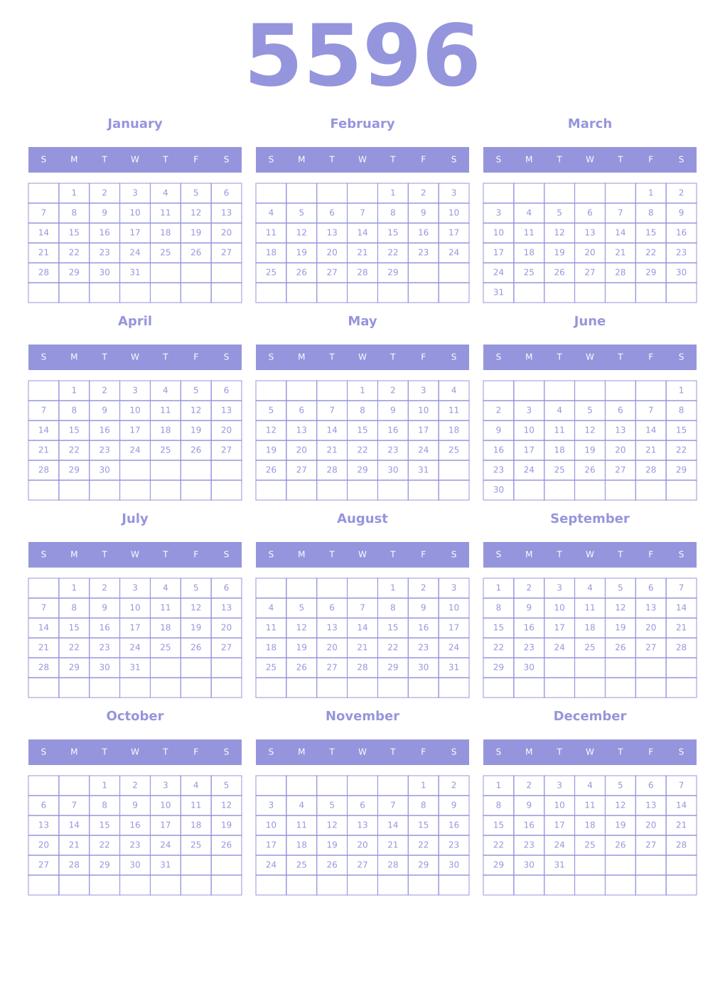 Printable 5596 Year Calendars periwinkle