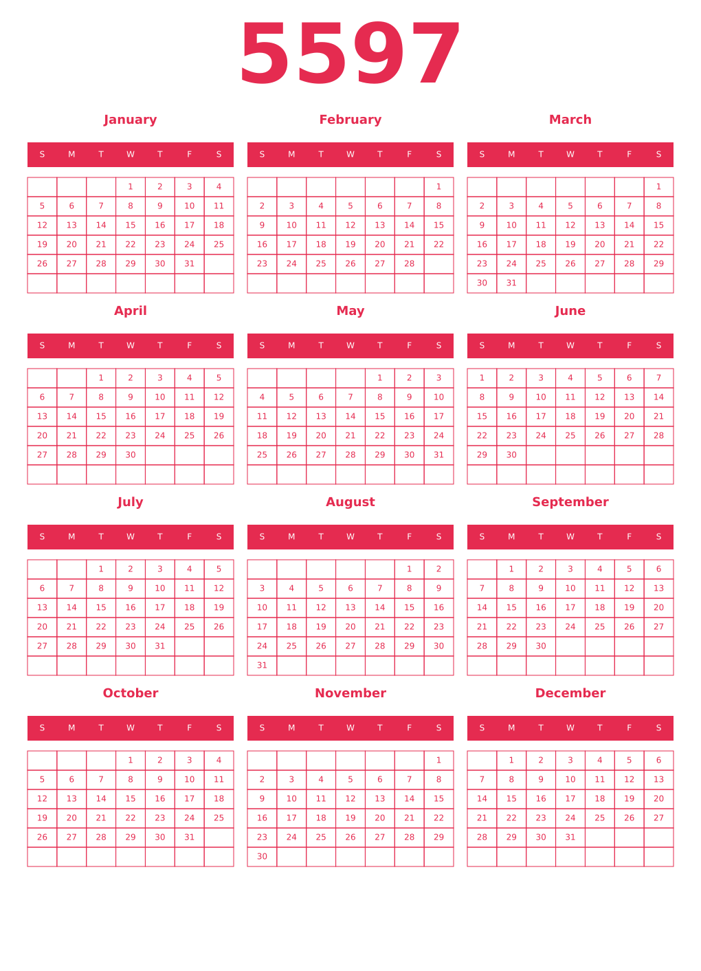 Printable 5597 Year Calendars amaranth