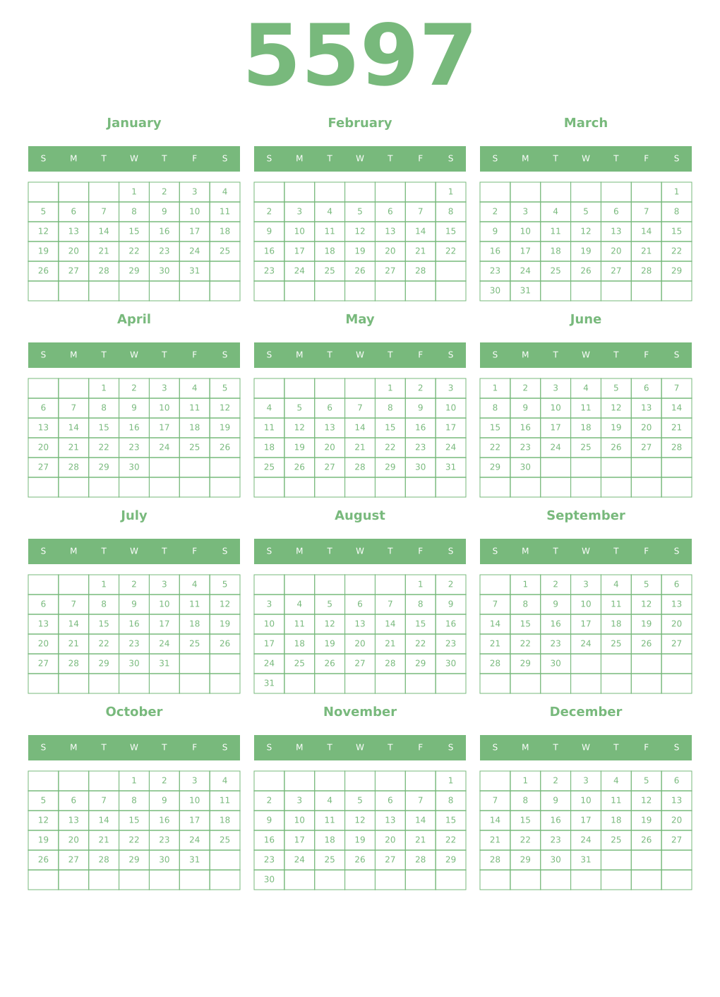 Printable 5597 Year Calendars celadon