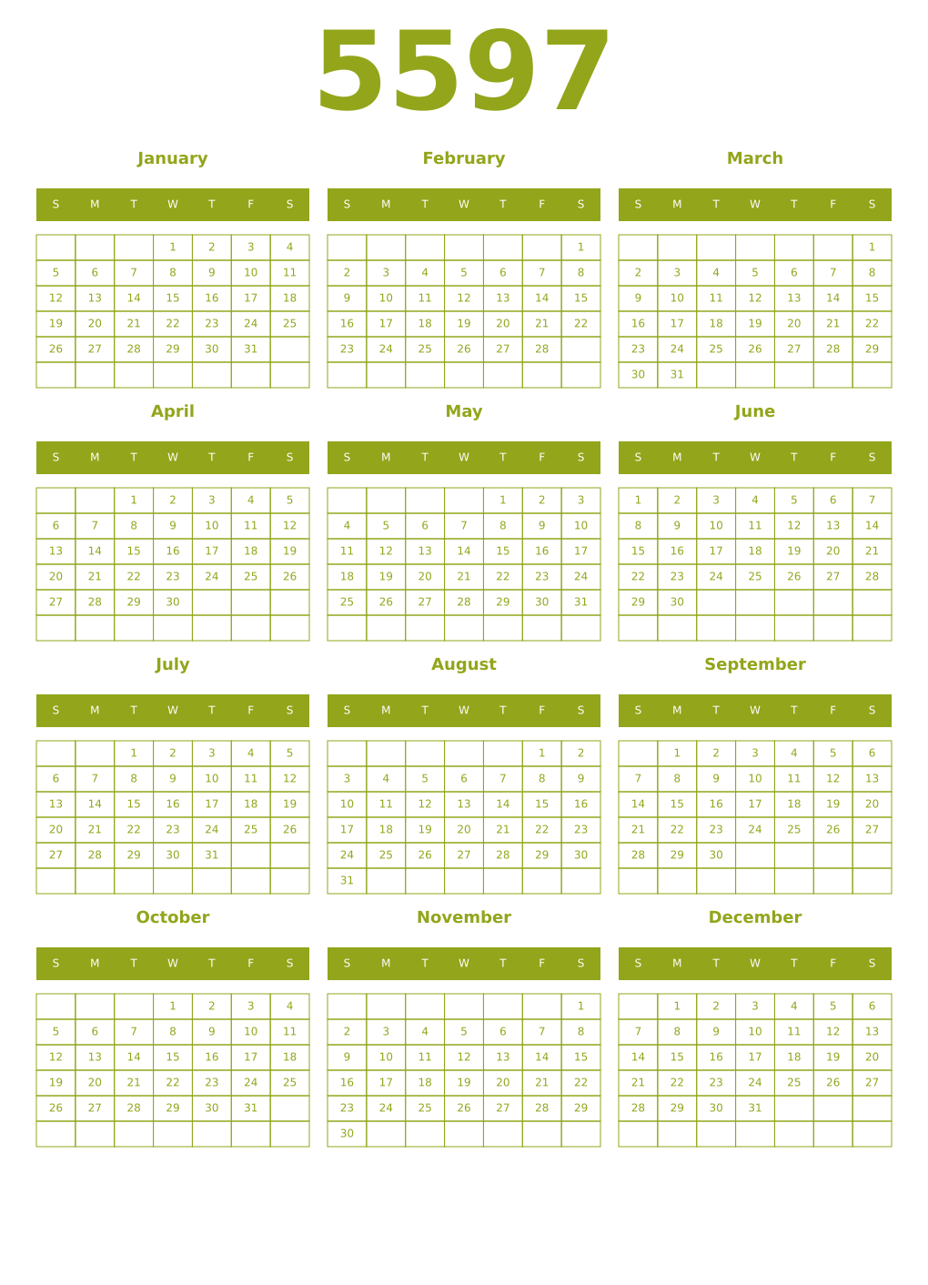 Printable 5597 Year Calendars chartreuse