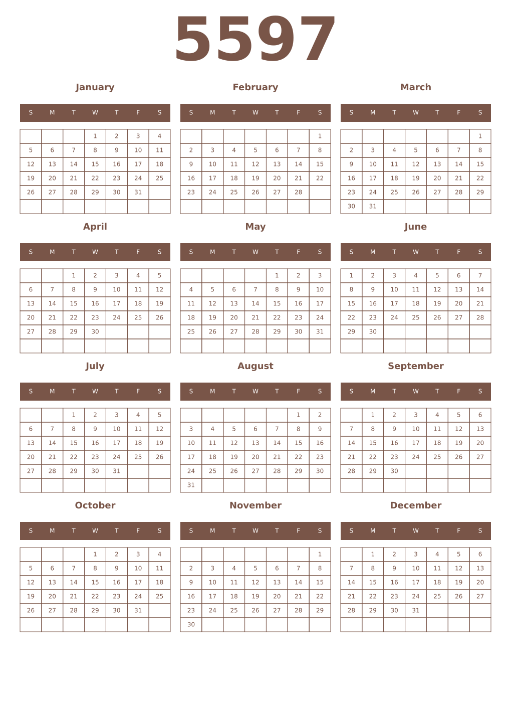Printable 5597 Year Calendars coffe