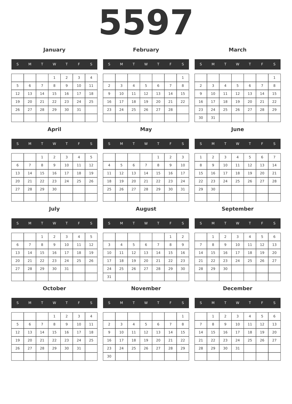 Printable 5597 Year Calendars dark