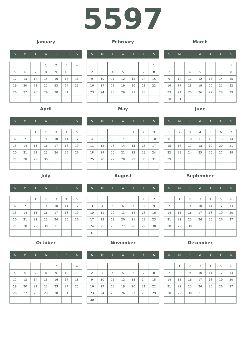 Printable 5597 Year Calendars feldgrau