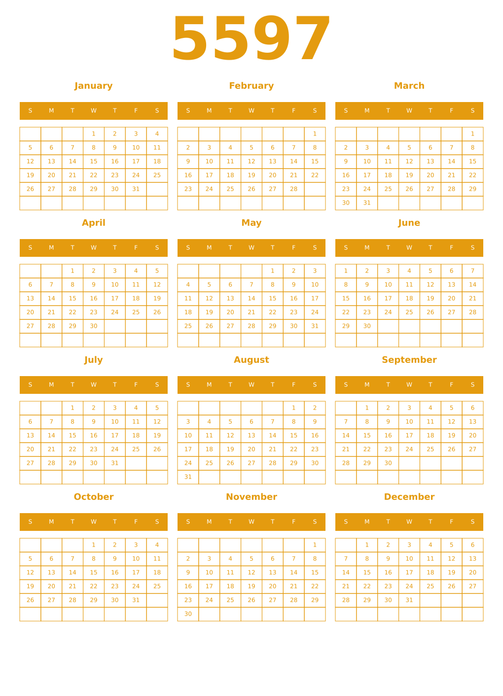 Printable 5597 Year Calendars gamboge