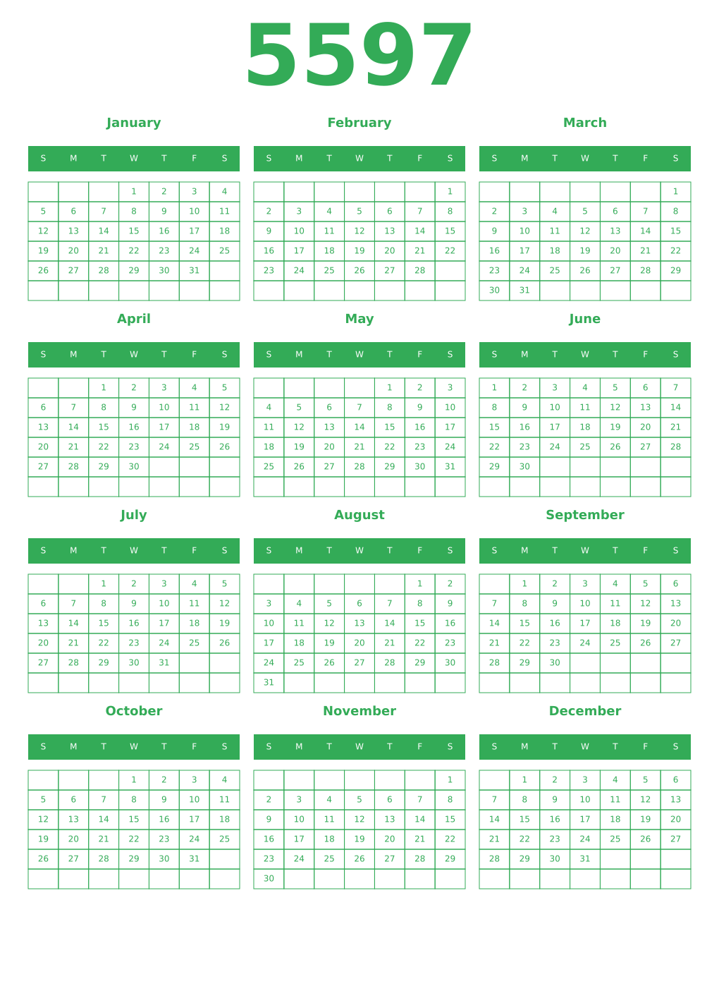 Printable 5597 Year Calendars green