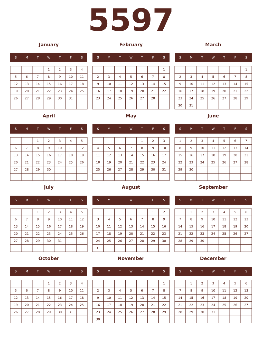 Printable 5597 Year Calendars mortuum