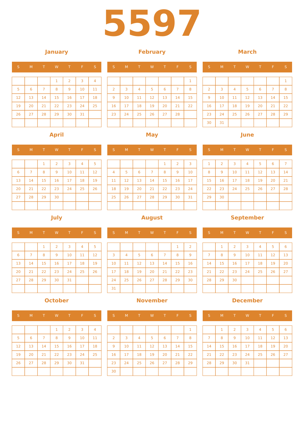 Printable 5597 Year Calendars orange