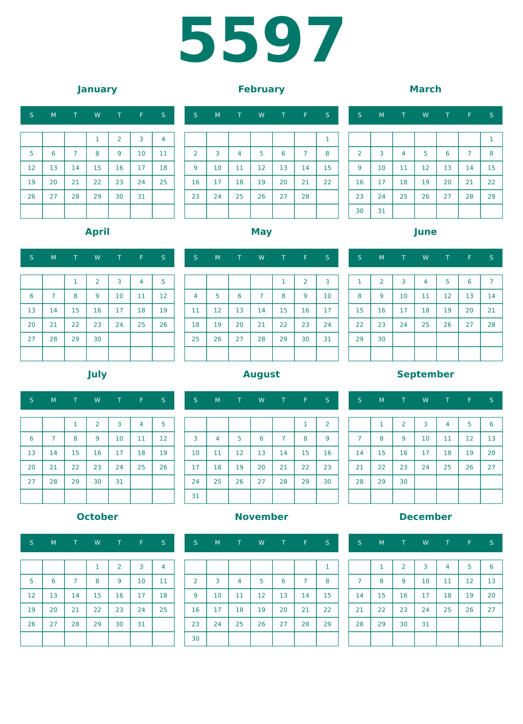 Printable 5597 Year Calendars pastel