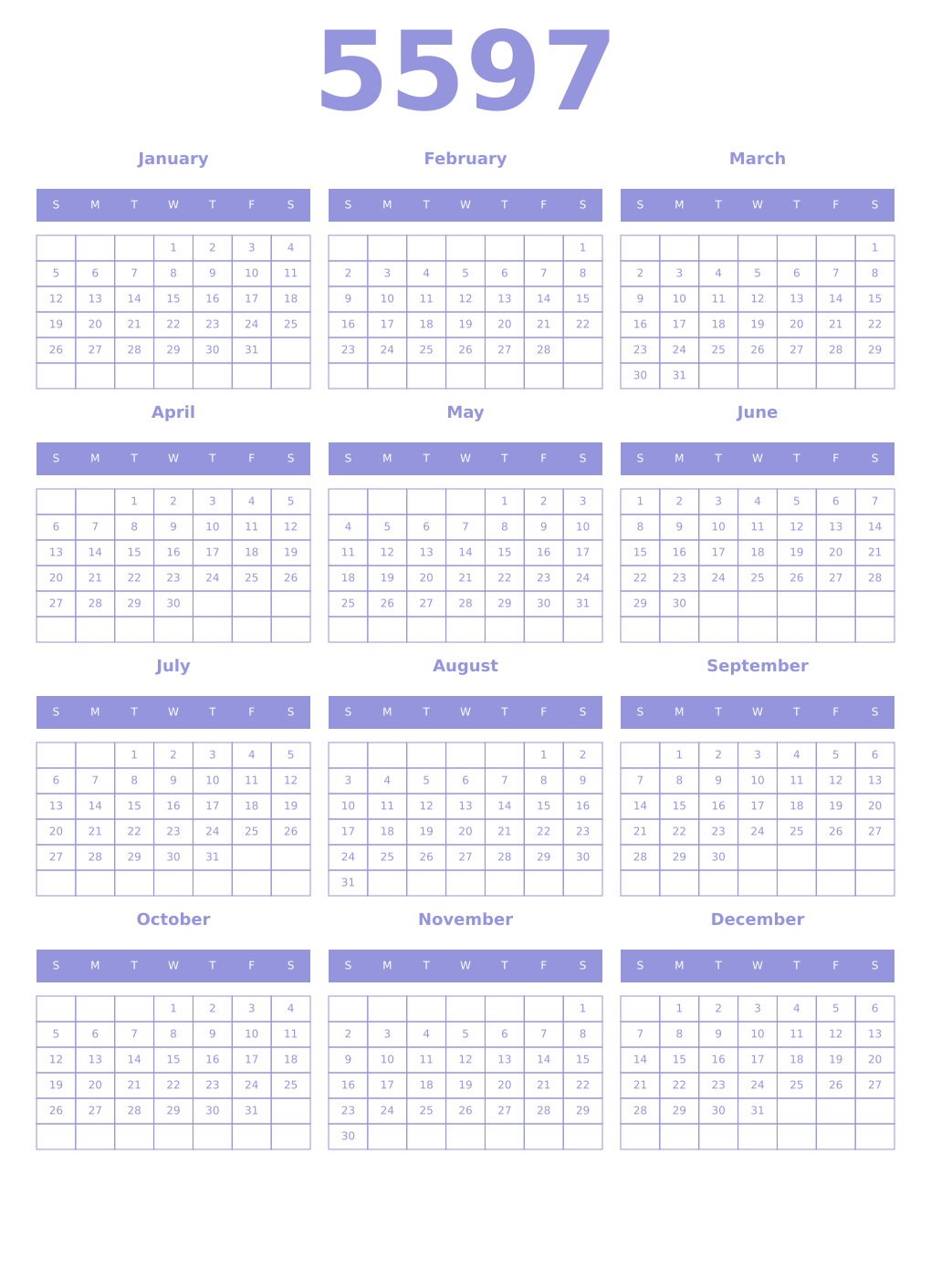 Printable 5597 Year Calendars periwinkle