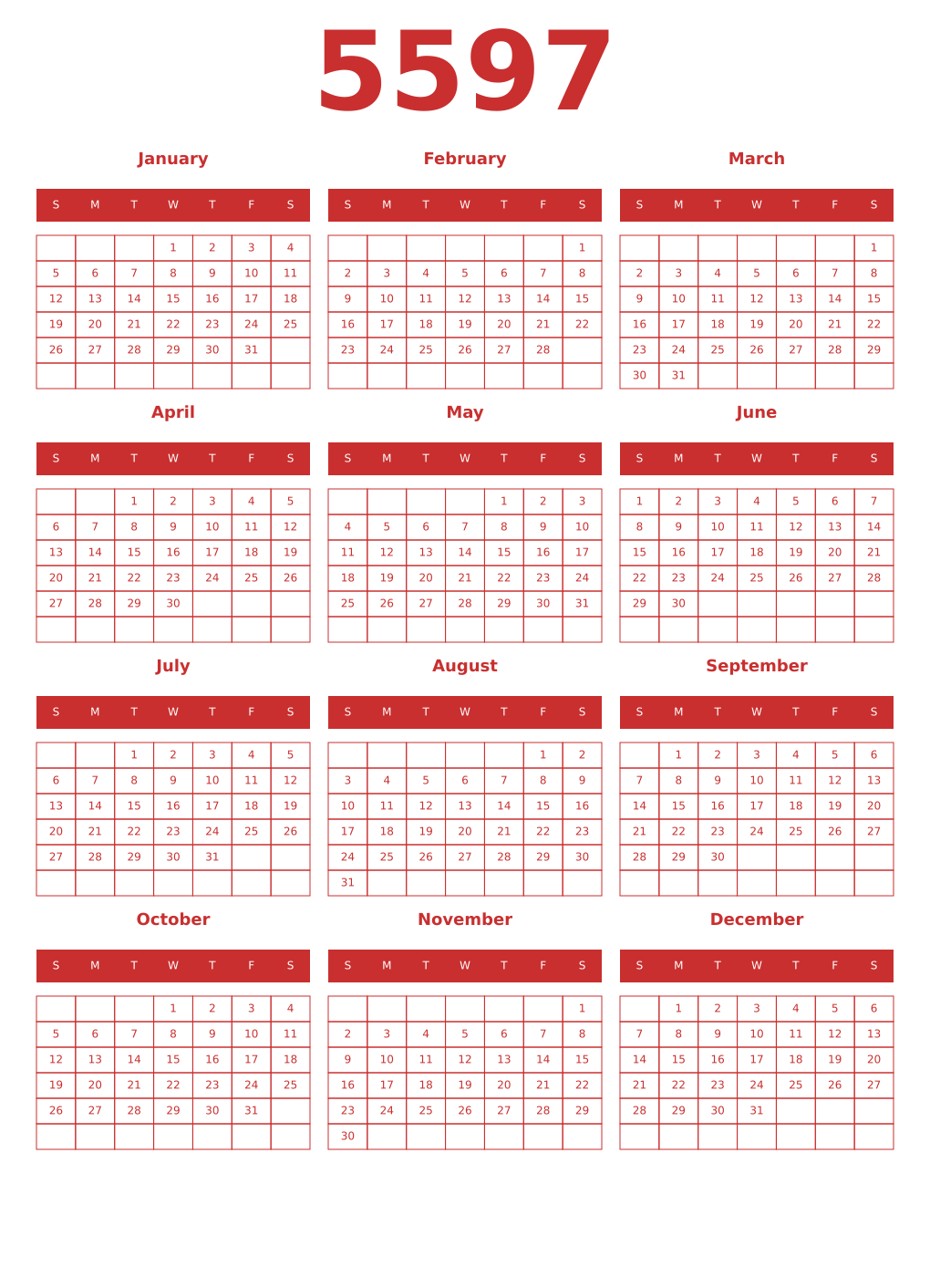 Printable 5597 Year Calendars red