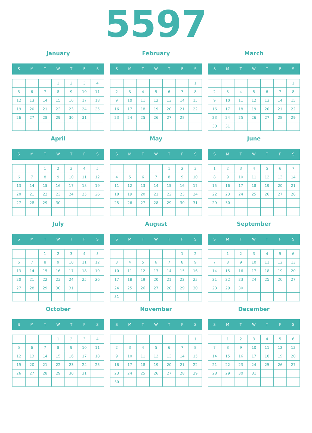 Printable 5597 Year Calendars verdigris