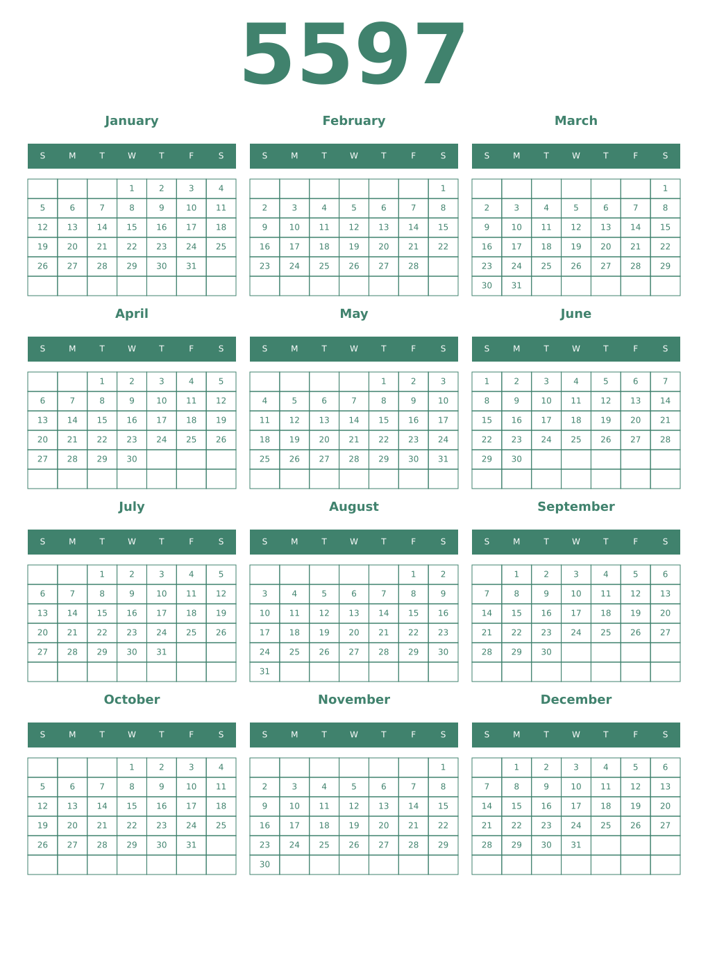 Printable 5597 Year Calendars viridian