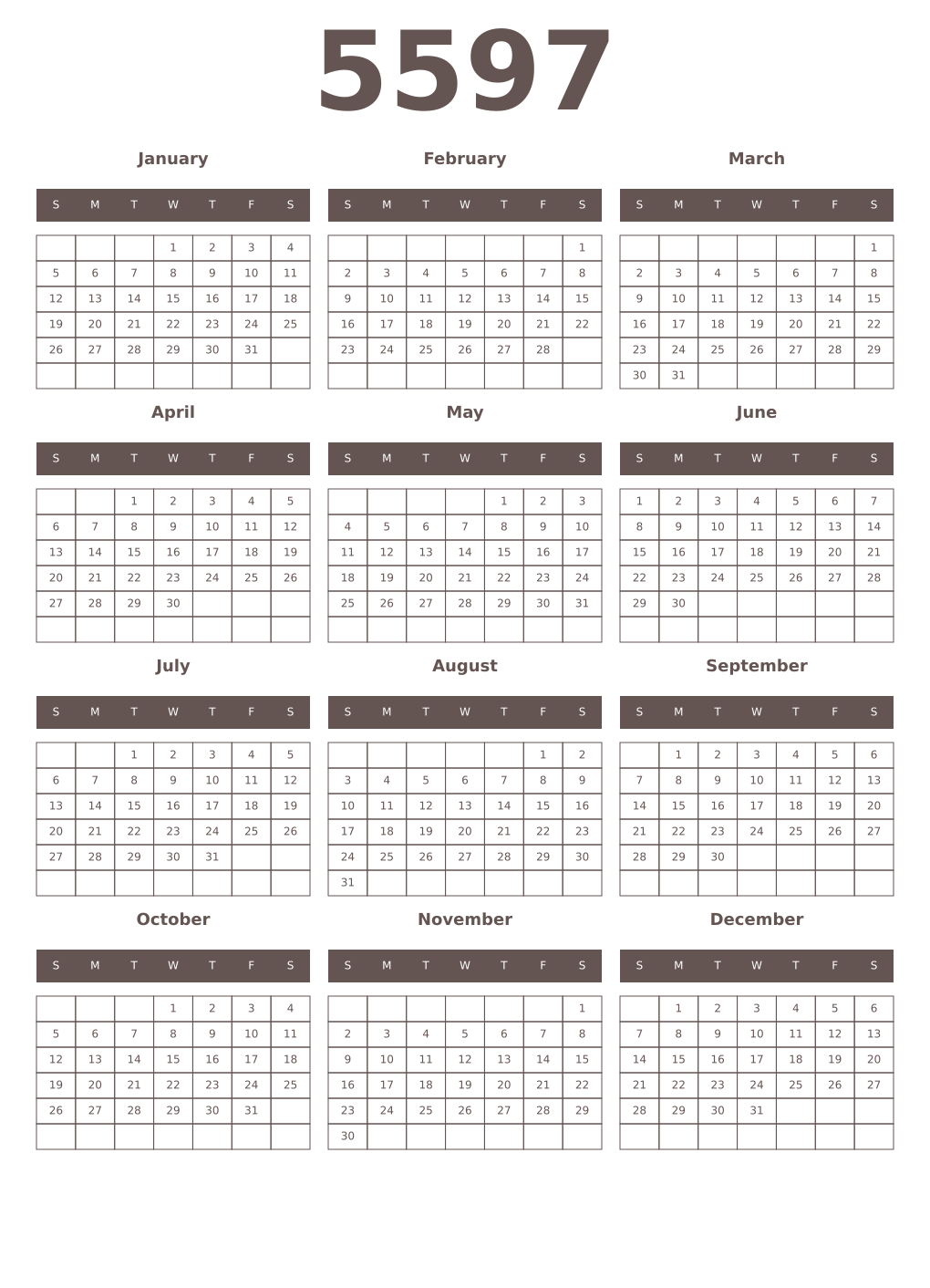 Printable 5597 Year Calendars wenge
