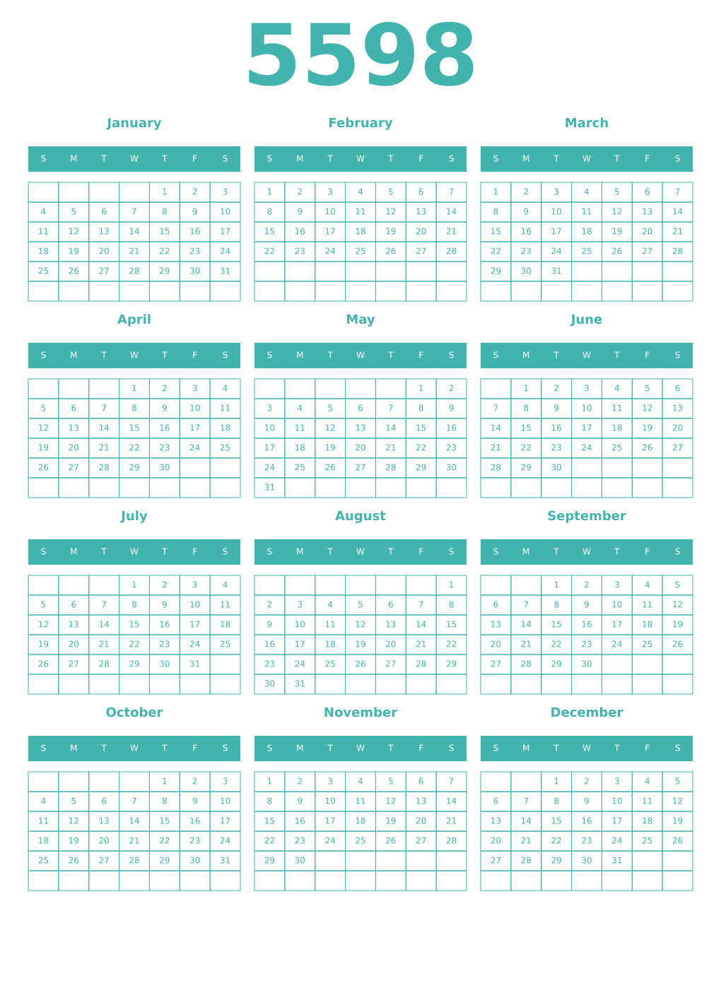 Printable 5598 Year Calendars verdigris