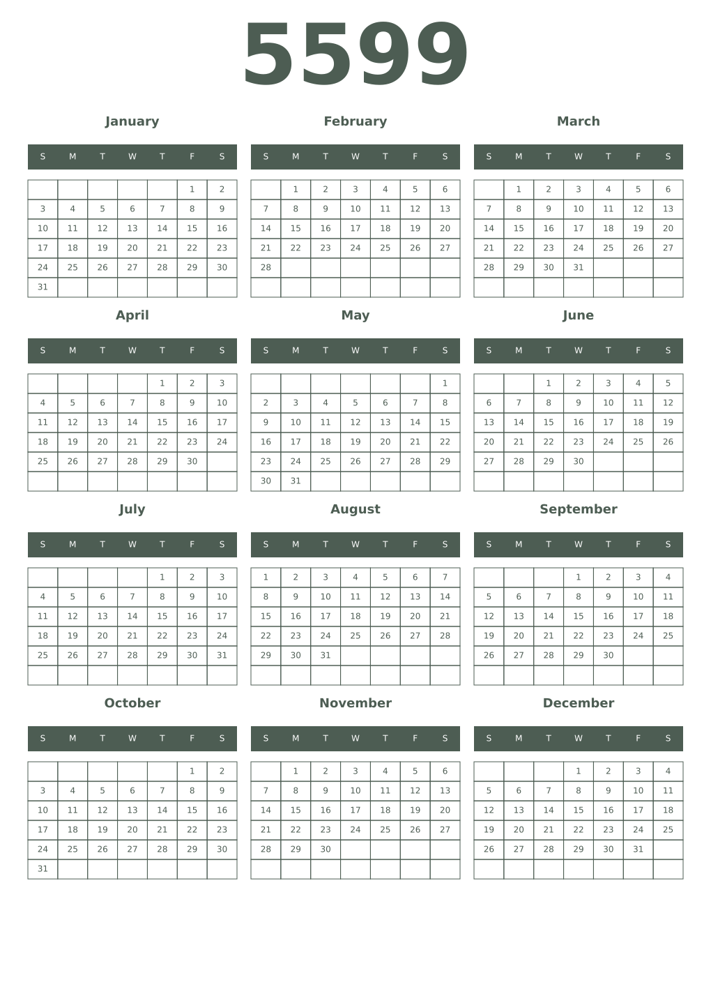 Printable 5599 Year Calendars feldgrau