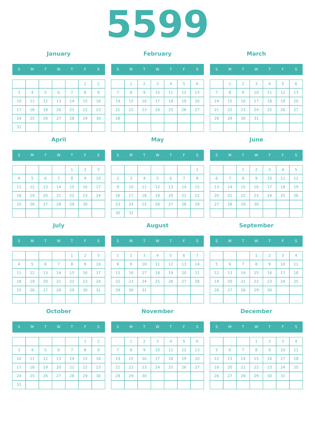 Printable 5599 Year Calendars verdigris