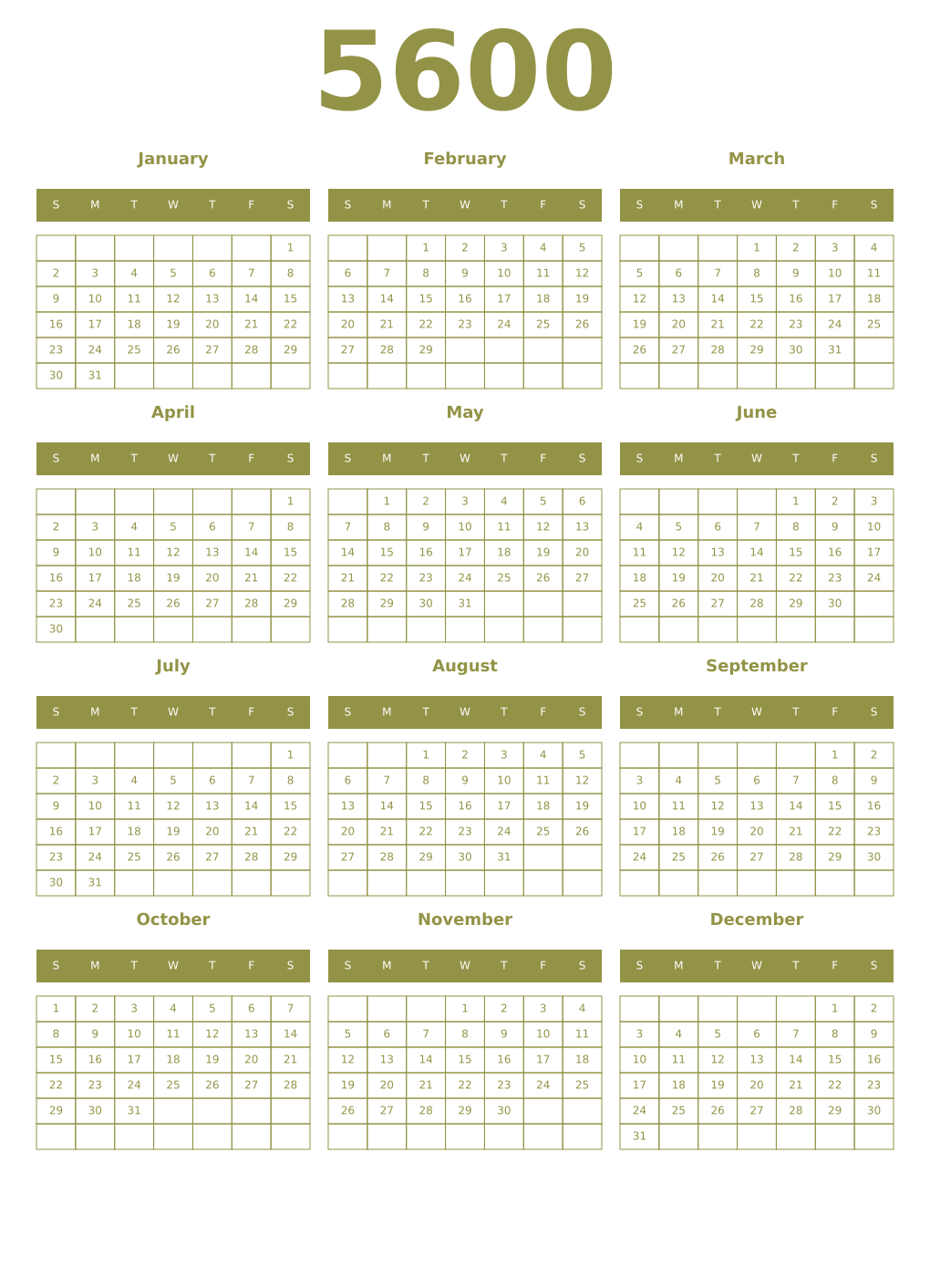 Printable 5600 Year Calendars eburnean